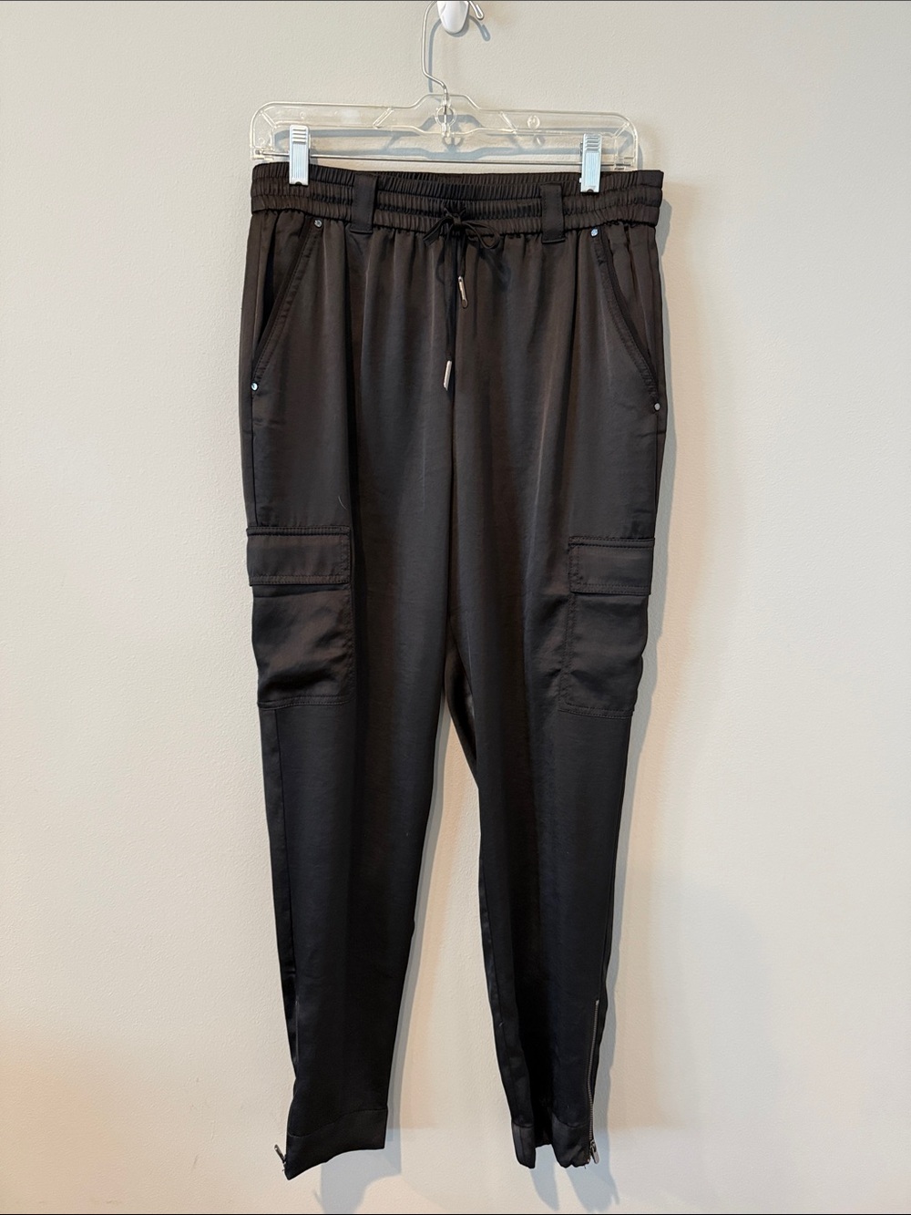 Satin Black Cargo Jogger Pants - Elastic Drawstring Waist